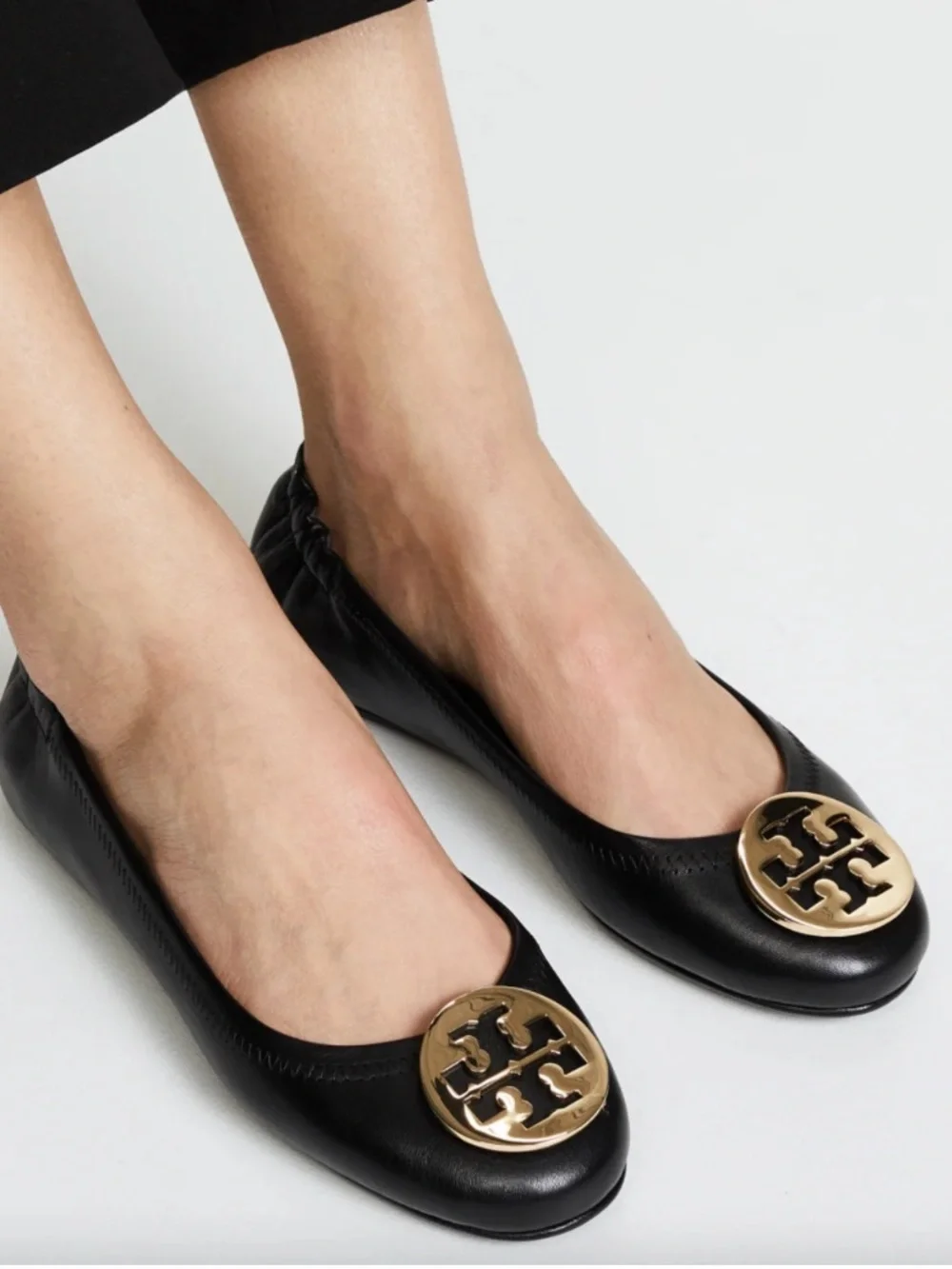 Tory Burch Reva Black Leather Logo Ballet Flat with Gold Medallion
